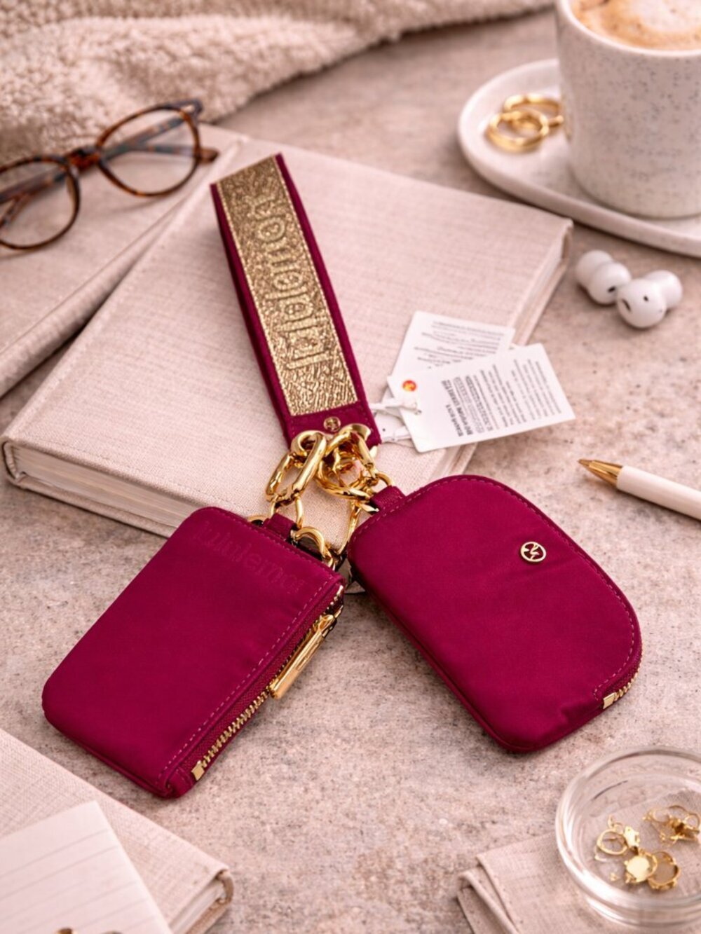 Lululemon Dual Pouch Wristlet Maroon Burnt Orange Gold LU9B02S NWT